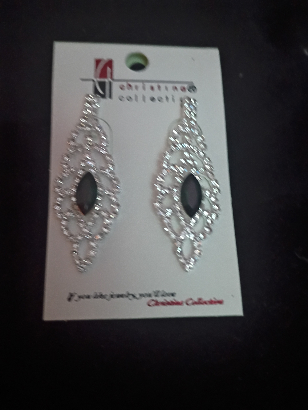 Crystal-Accent Silver Drop Earrings with Black Marquise Stone